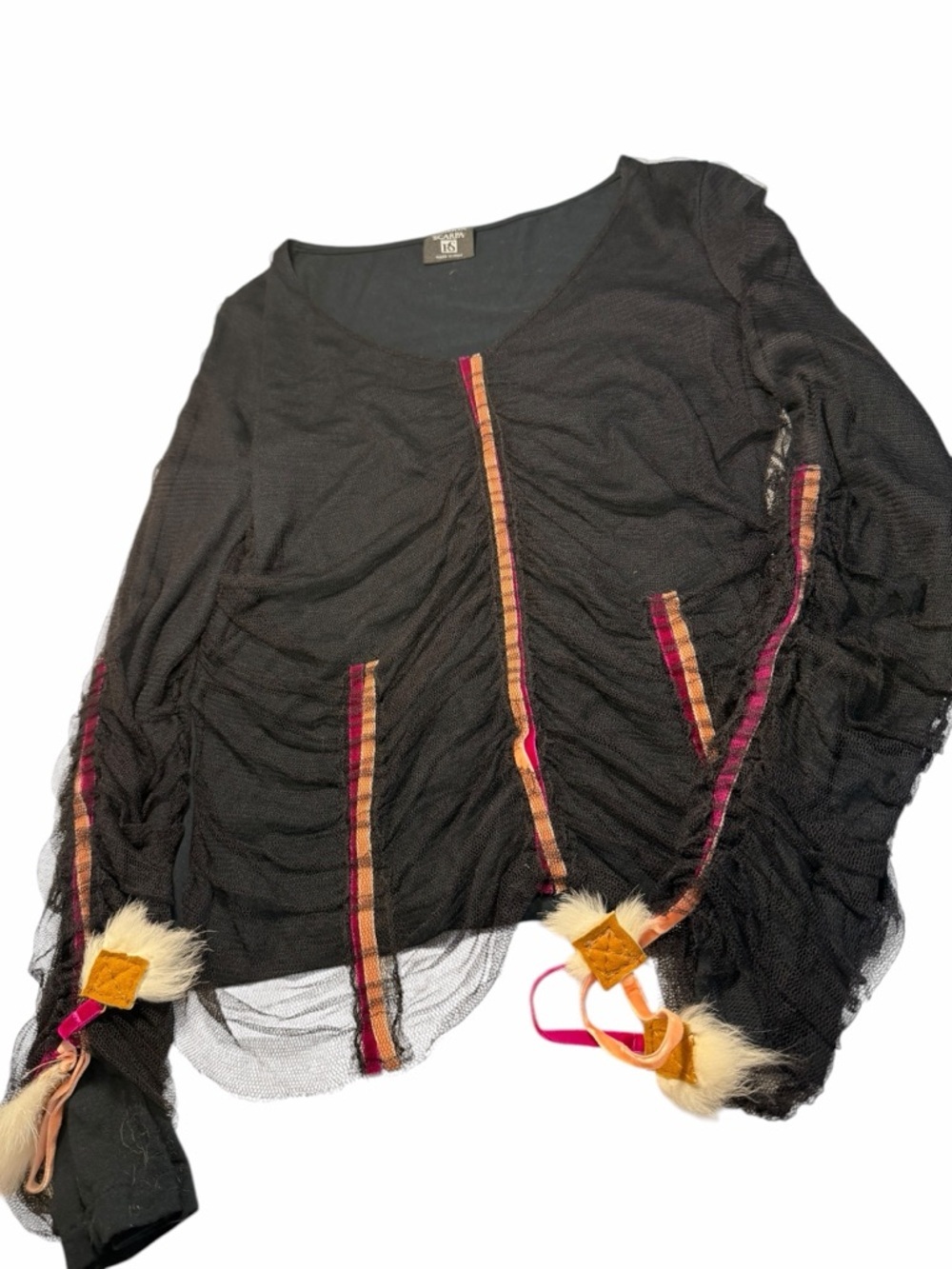 Roberta Scarpa Wool Silk Blend Black Ruched Long-Sleeve Pink Stripe Detail Sz 10 - Picture 7 of 14